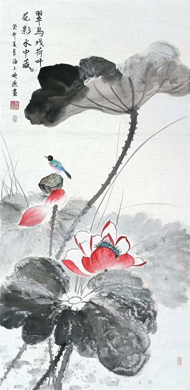 20260330177486399153.jpg 备选作品《翠鸟戏荷叶 花影水中藏》138x69cm 2023年.jpg