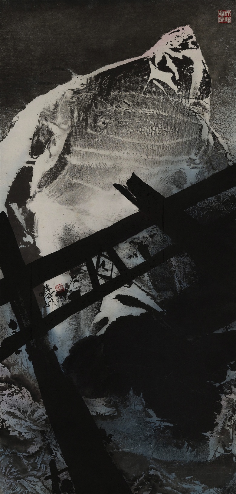20260413177607084010.jpg 二次造山早期作品 《门窗系列之皓月冷长白》 135x64 cm 1991年 宣纸水墨.JPG