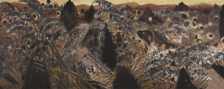 《荒草滩》 纸本水墨设色 145cmx365cm 2017年.jpg