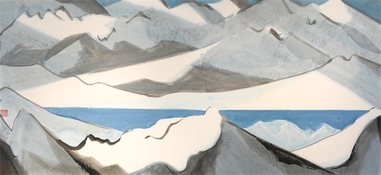 《昆仑山上的阴阳湖》纸本水墨设色83.5cmx180cm 2023年.JPG