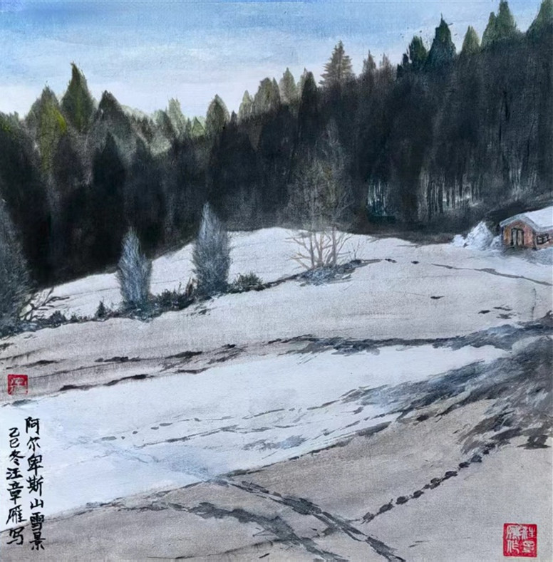 20260603178046789553.jpg 水墨写生作品《阿尔卑斯山雪景》尺寸:33x33cm ,材质:生宣2025年.jpg
